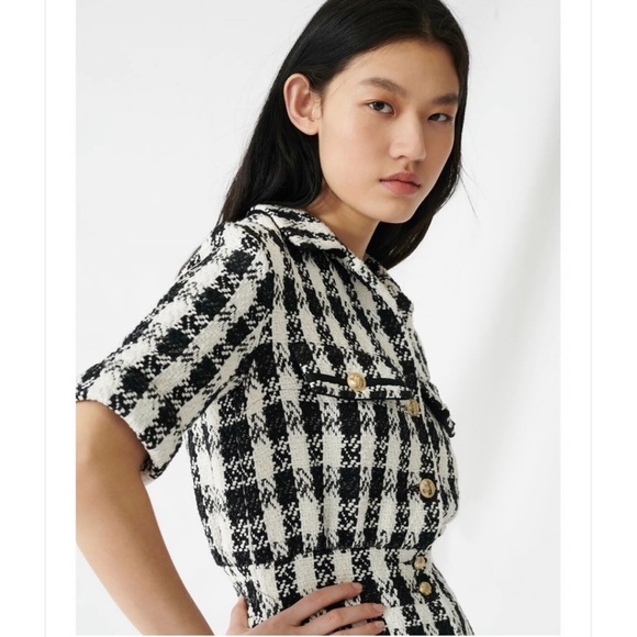 Maje Ricky Tweed Black White Houndstooth Mini Collar Shirt Mini Dress 36 - Picture 4 of 15